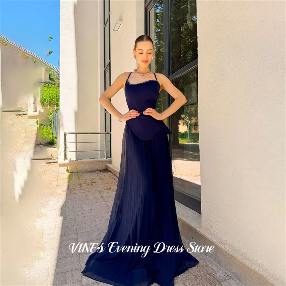 

VINES Dark Blue Party Dress Spaghetti Strap Evening Dress with Pleated Chiffon Party Gown Beaded Prom Gown for Women Customized