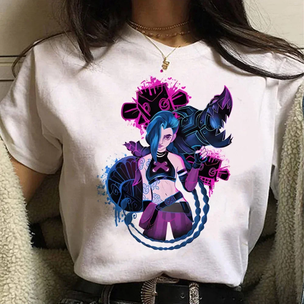 Jinx Arcaneพิมพ์Tเสื้ออะนิเมะคอสเพลย์Tees Topsผู้หญิงผู้ชายความงามแขนสั้นการ์ตูนเสื้อยืดฤดูร้อนStreetwearเสื้อผ้า