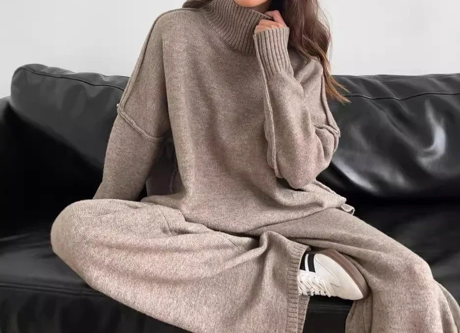 

2026 High Neck Slit Wool Sweater Set Women's Loose Casual Lazy Knitted Trousers Two-Piece Set