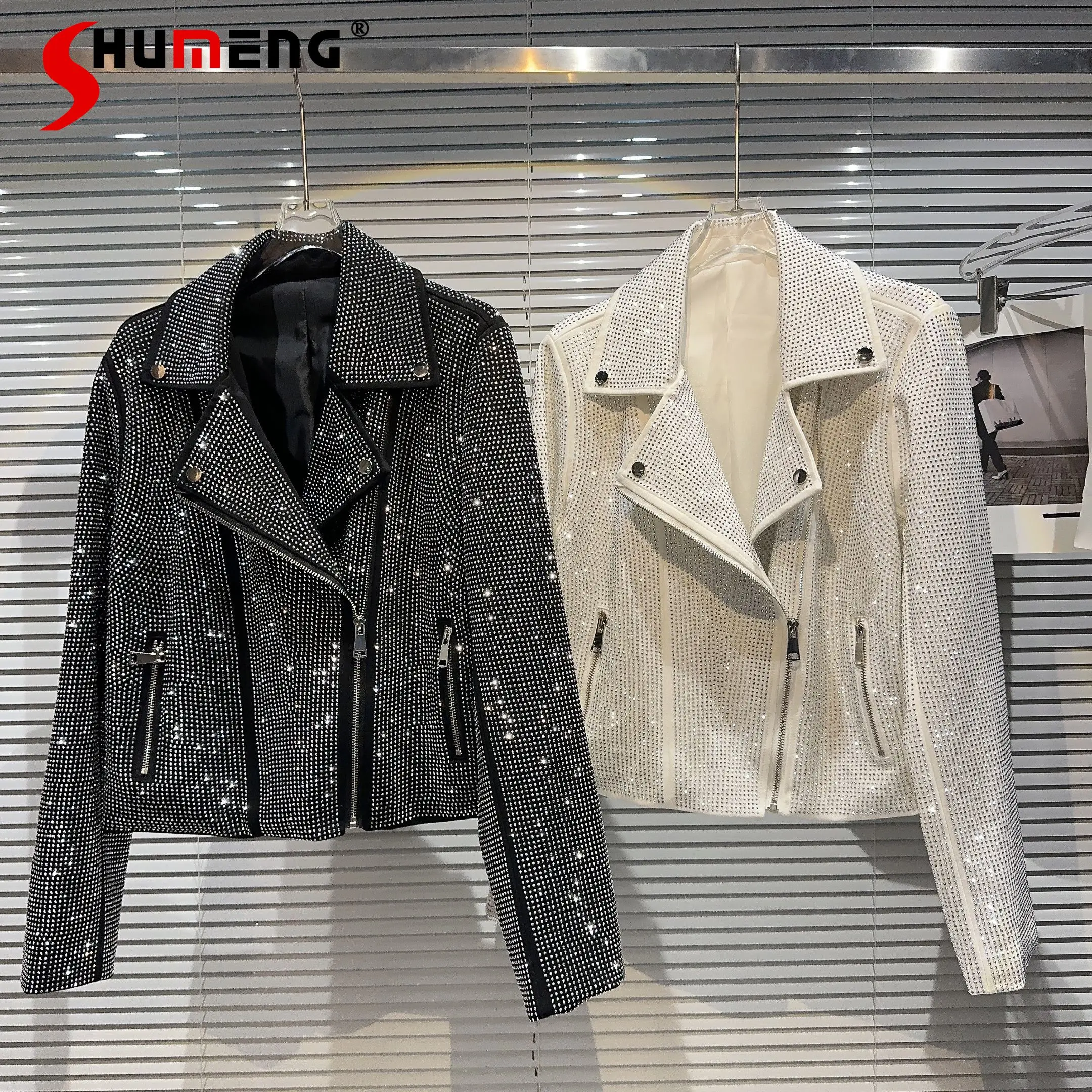 

2023 Autumn New Model Style Hot Girl Full Diamond Hot Drilling Oblique Zipper Heavy Industry Short Coat Jacket for Women Coats