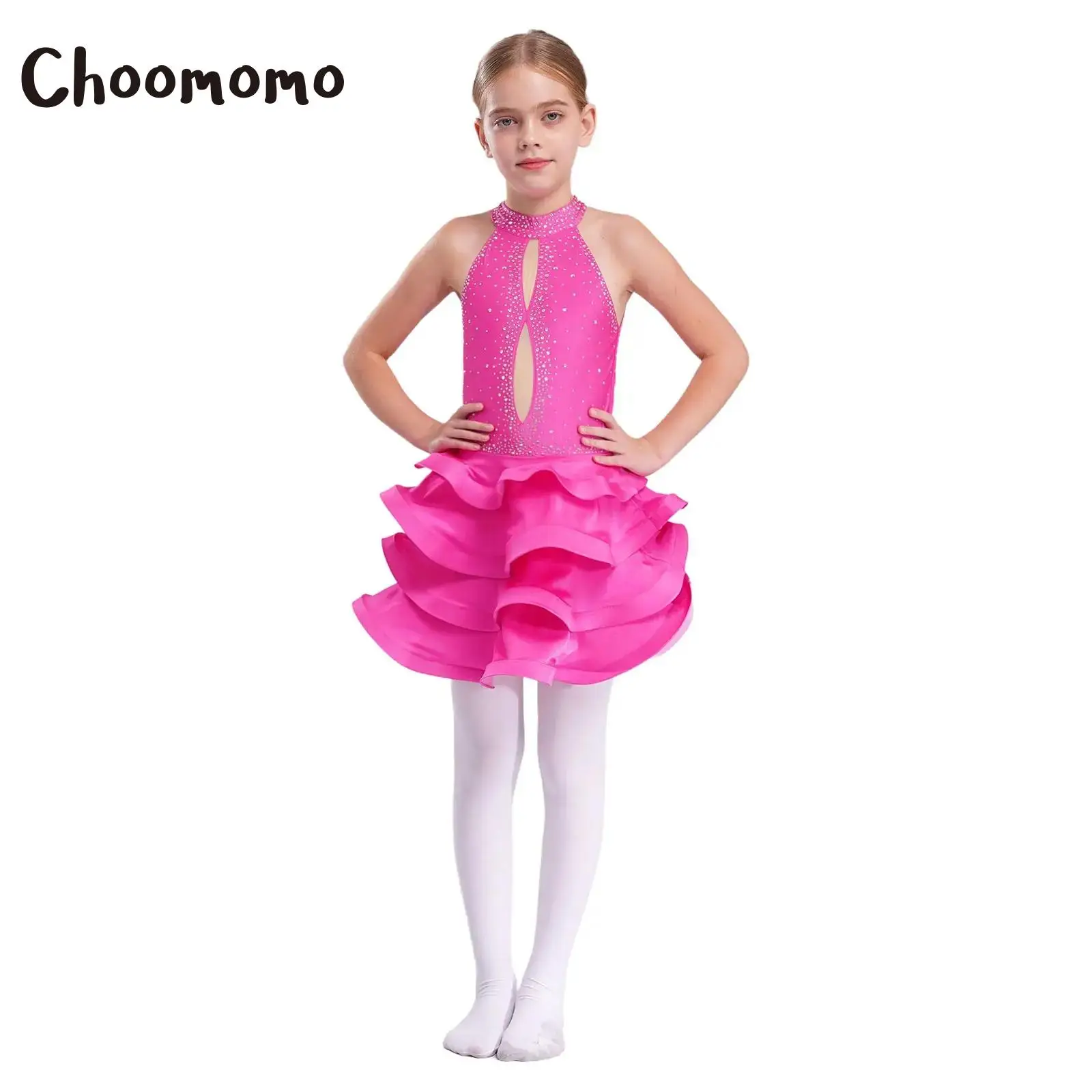 

Sleeveless Backless Shiny Rhinestones Kids Girls Latin Dance Stage Performance Costume Tiered Dress for Cha-Cha Tango Samba