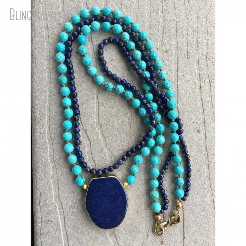 Natural Stone Lapis Faceted Turquoise Double Layered Necklace Women Hand Knotted Boho Y2k Aesthetic Jewelry Grunge Accessories