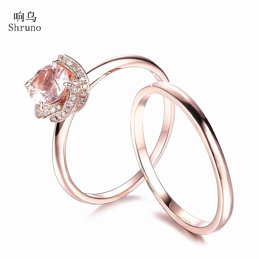 

Shruno Solid 10K Rose Gold 6.5mm Round Natural Morganite Diamonds Ring For Women Engagement Wedding Match Band Fine Jewelry