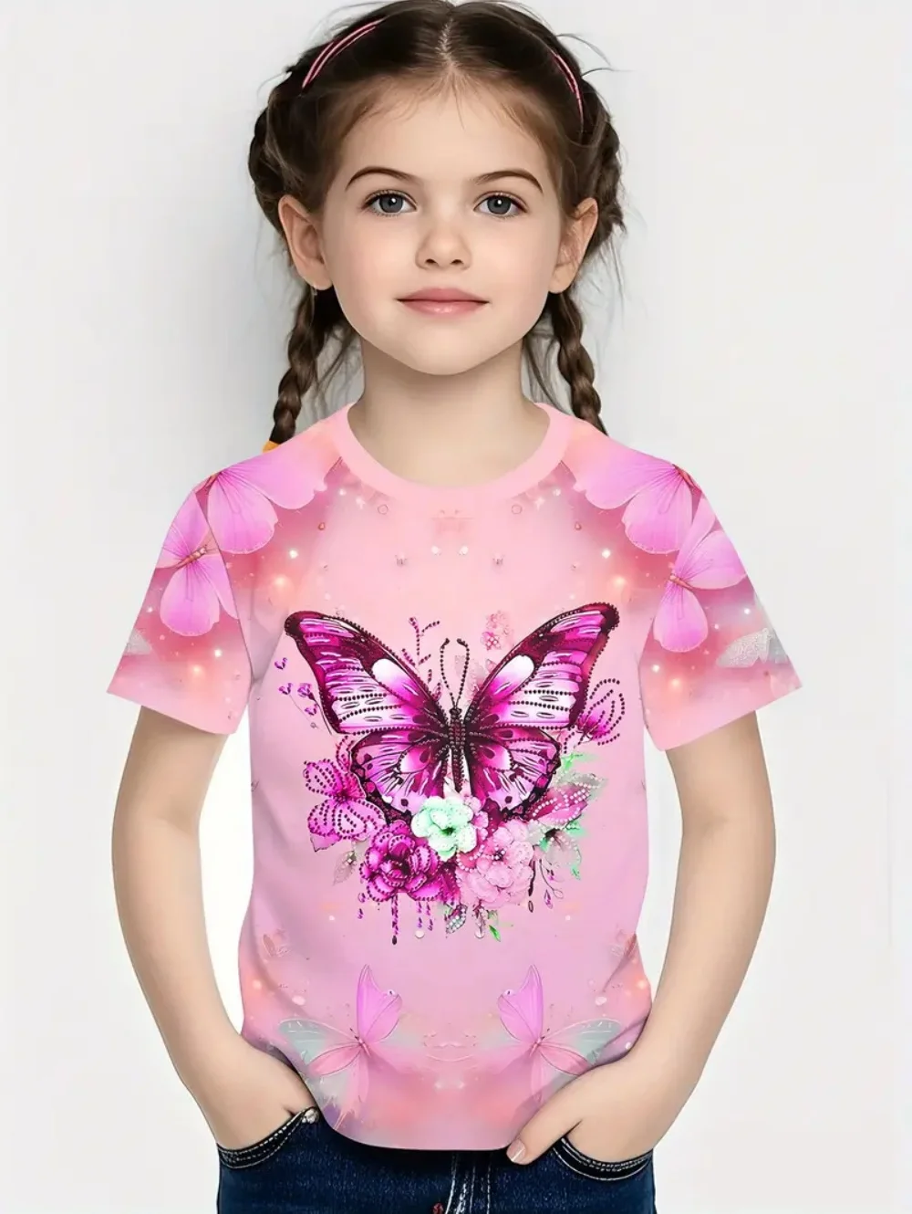 

2025 Girl Clothes Fashion Butterfly 3D Pattern Summer O-Neck Short Sleeve T-Shirt for Girls Outdoors Kawaii Girls' Clothing Tops
