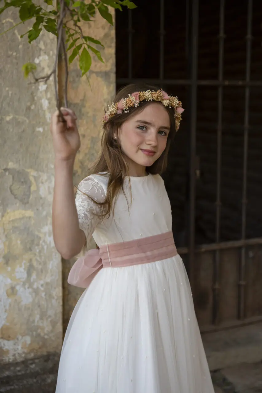 Vestido largo Vintage de media manga para primera comunión, Vestido de encaje de marfil para niña de las flores, faja de tul con lazo, fiesta de boda para niño y cumpleaños