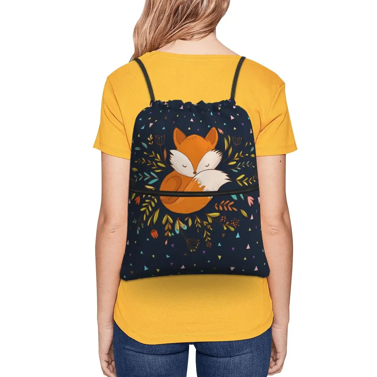 Cute Fox Flowers And Triangles Portable Backpacks Drawstring Bag Drawstring Bundle Pocket Shoes Bags For School Students