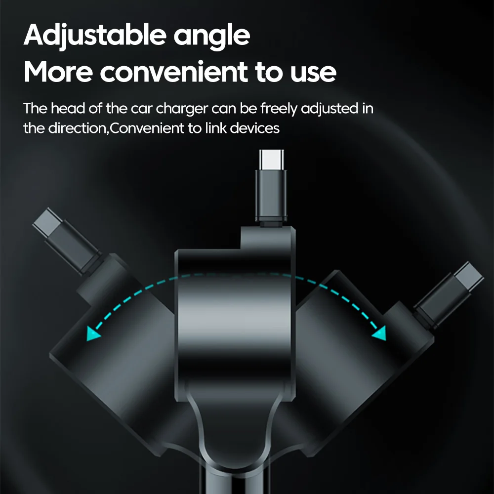 120W Scalable Car Charger Fast Charging PD QC3.0 Digital Display Retractable Cable USB Type C Car Lighter Charger Adapter