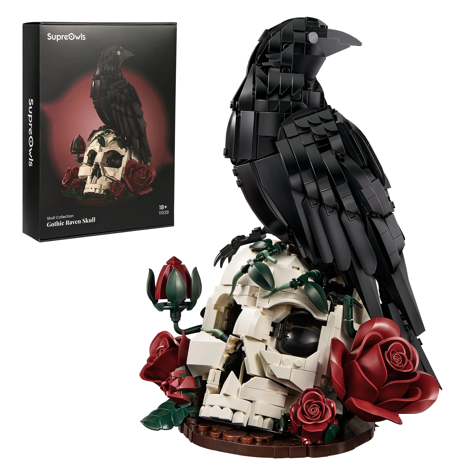 Gotischer Rabe-Schädel Halloween-Baustein-Set, dunkles Krähen-Skelett, Blumen-Bausteine, Modellspielzeug, Heimdekoration, Sammlergeschenke für Erwachsene