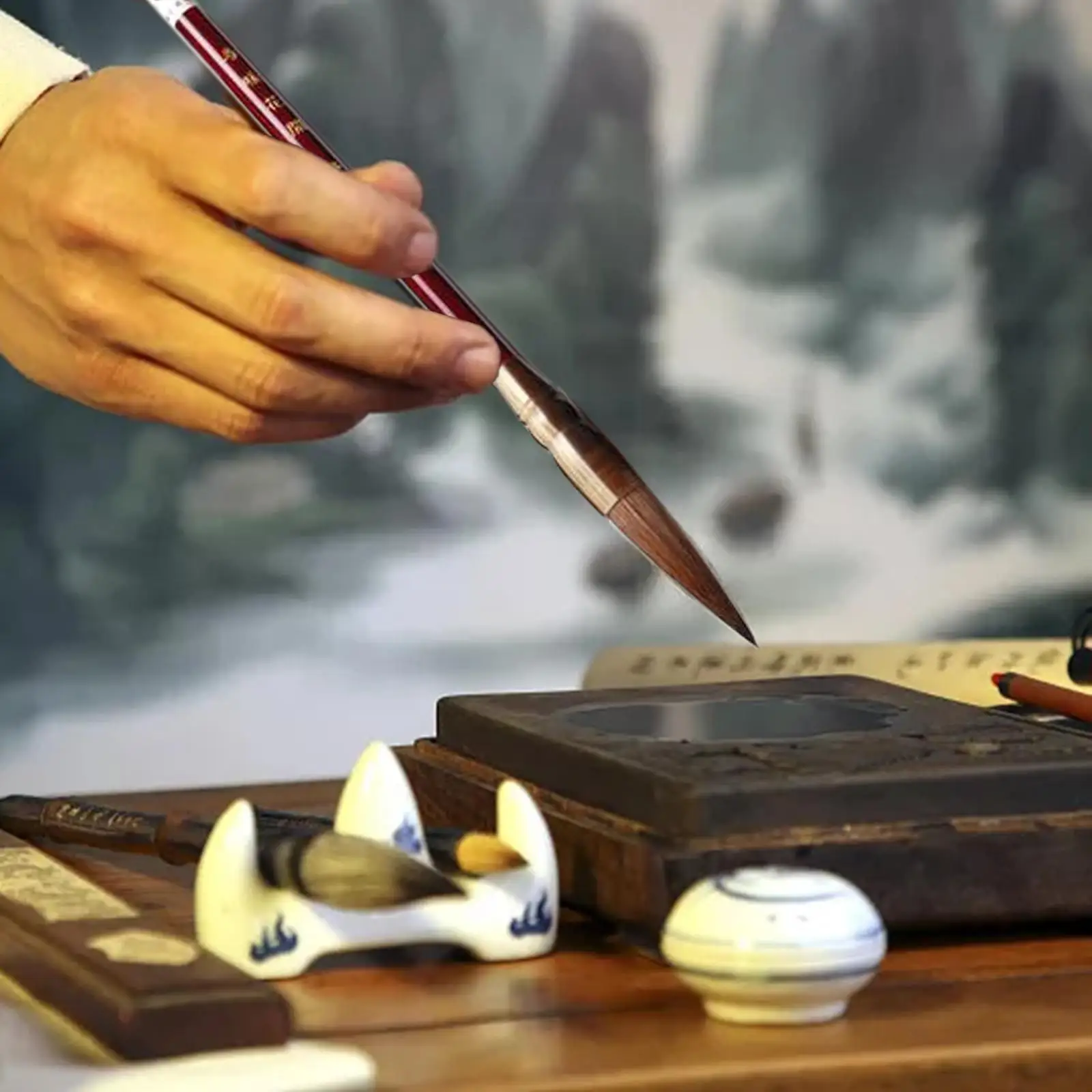 Chinese Calligraphy Brushes Set Japanese Style with Roll up Holder