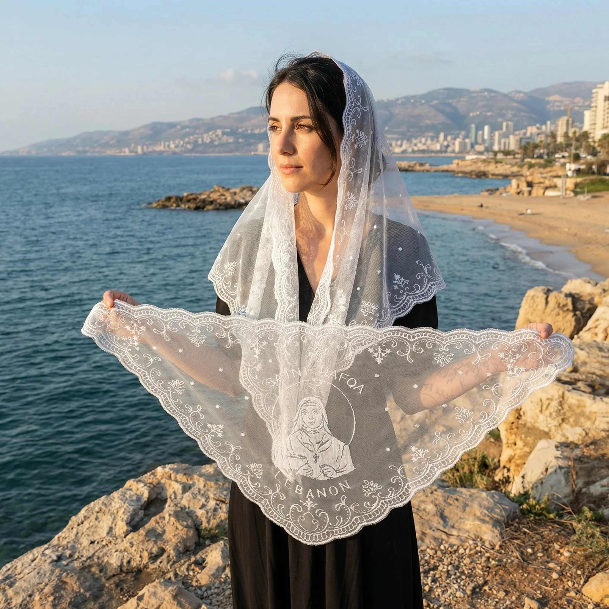 

Saint Rafqa Black White Lace Triangle Scarf Hijab Shawl Lebanese Catholic Vintage Style Wedding Veil Religious Ceremony