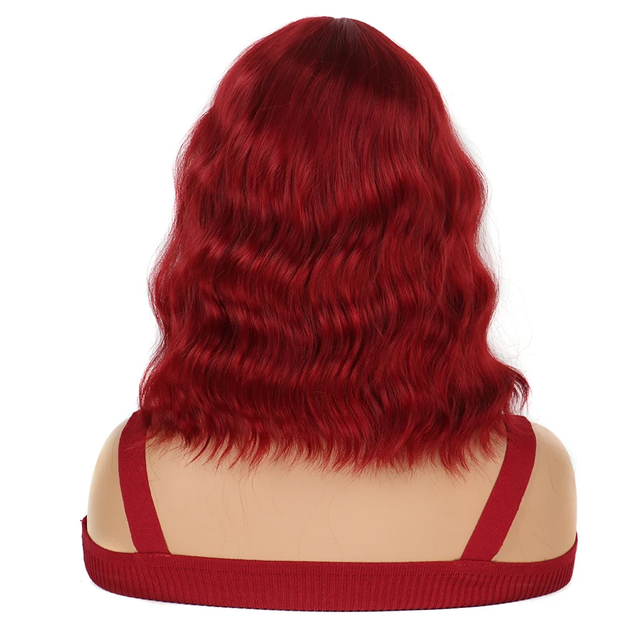 المرأة الاصطناعية قصيرة الأحمر مجعد موجة المياه شعر مستعار للسيدة البيضاء تأثيري ملابس الحفلات ارتفاع درجة الحرارة الألياف #5