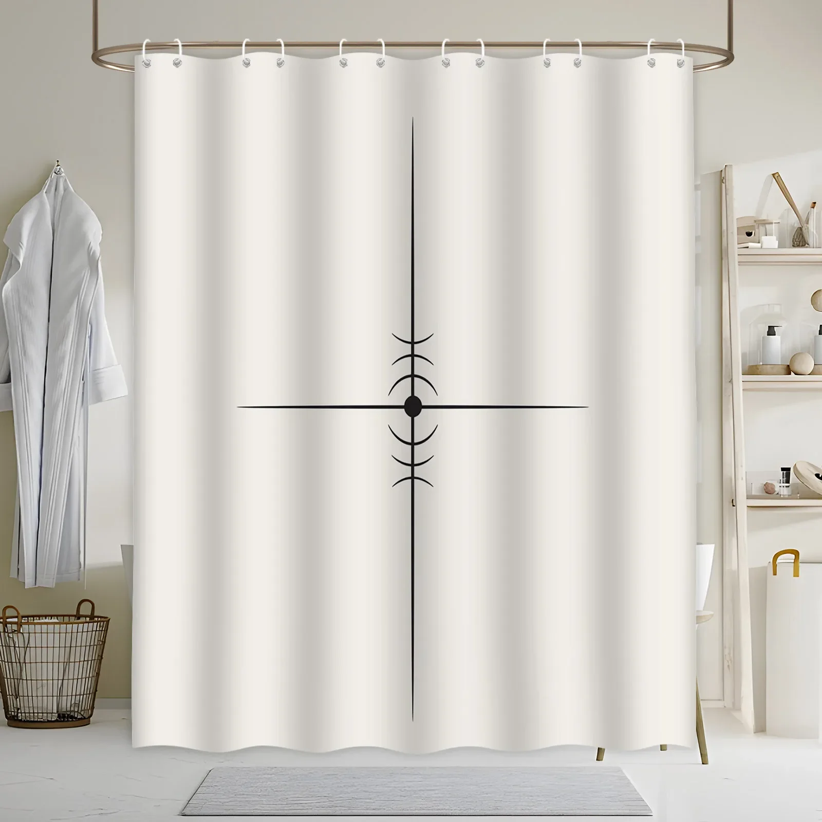 

Minimalist Geometric Bath Curtain - Symmetrical Black Design on Cream, Modern Abstract Style, Polyester, Machine Washable