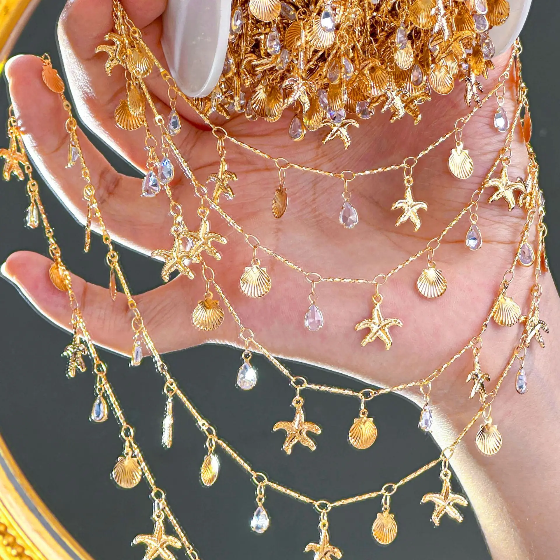 1 Meter glänzende Zirkon-Muschel-Seestern-Anhänger mit Messingkette für DIY-Halsketten, Armbänder, Sommer-Schmuck, Bastelmaterialien – Detail 3