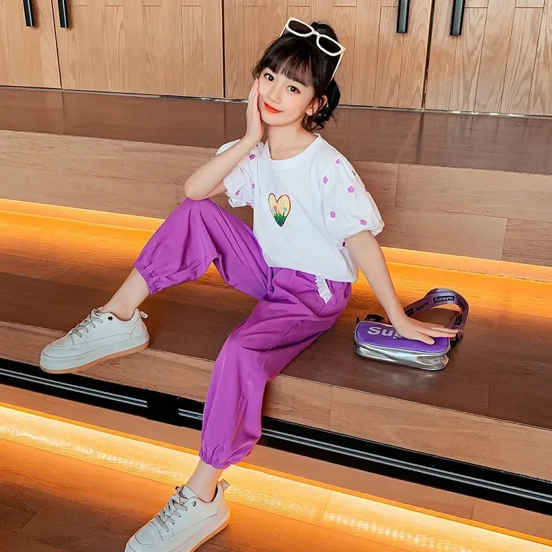 2023 Summer Girls tracksuit Kids Clothes Teenager puff sleeve t shirt Tops + long Ankle-tie pants Casual 6 7 8 10 11 12 Years