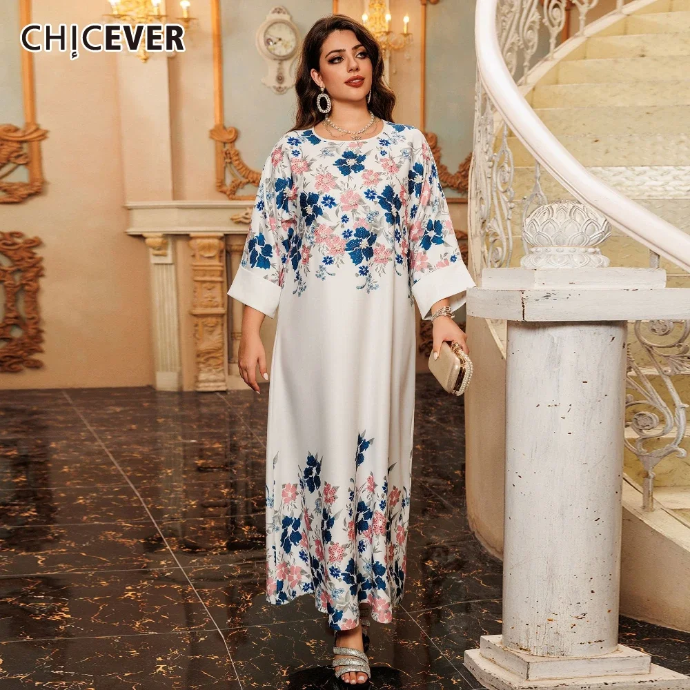 CHICEVER Oversize Spliced Diamonds Dresses for Women O Neck Long Sleeve Loose Waist Pleated Elegant Printing Muslim Robe Female