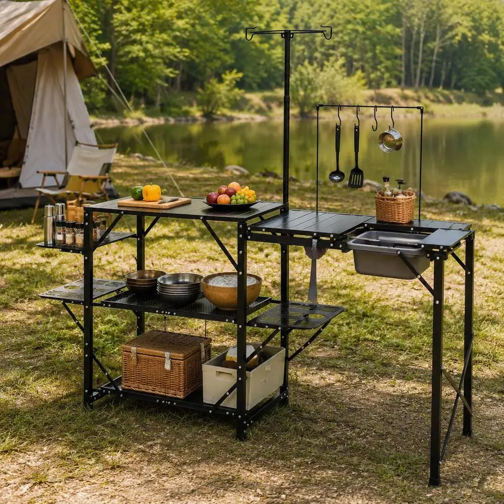 Campingküche, Outdoor-Campingküche 174 x 50 x 160 cm, Reiseküche, Zeltschrank, faltbar, 40 + 22 kg, faltbarer Campingtisch, Küchenbox, Arbeitsplatte, Platz für Spüle, Tragetasche, Schwarz
