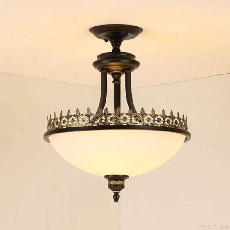 

GHJUYIOL American chandelier vintage wrought iron staircase balcony light hallway entrance door round semi-ceiling bedroom light