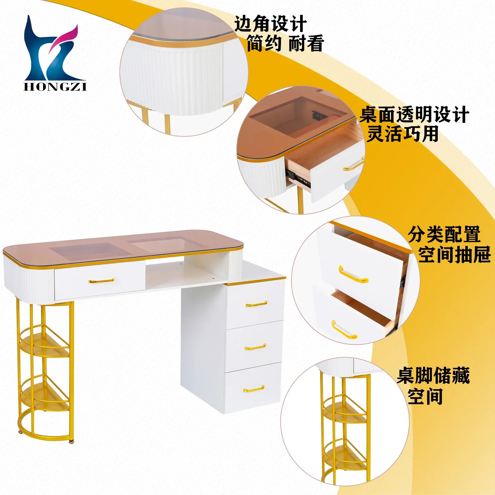 White manicure table, brown glass countertop with drawers for nail salons