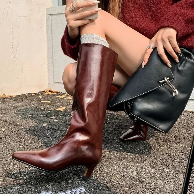 2024New Ankela Red Thin Heel Women's Long Tube Square Head Genuine Leather Middle Heel Large Tube Waist Thin Boots Not Over Knee