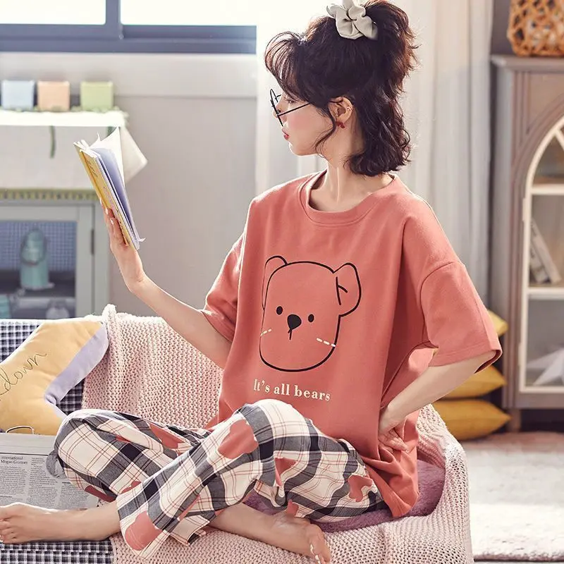 Women\'s Cotton Pajamas 2023 Spring Summer New Cute Cartoon Short-sleeved Trousers Sleepwear Two-piece Female Pijama Home Suit