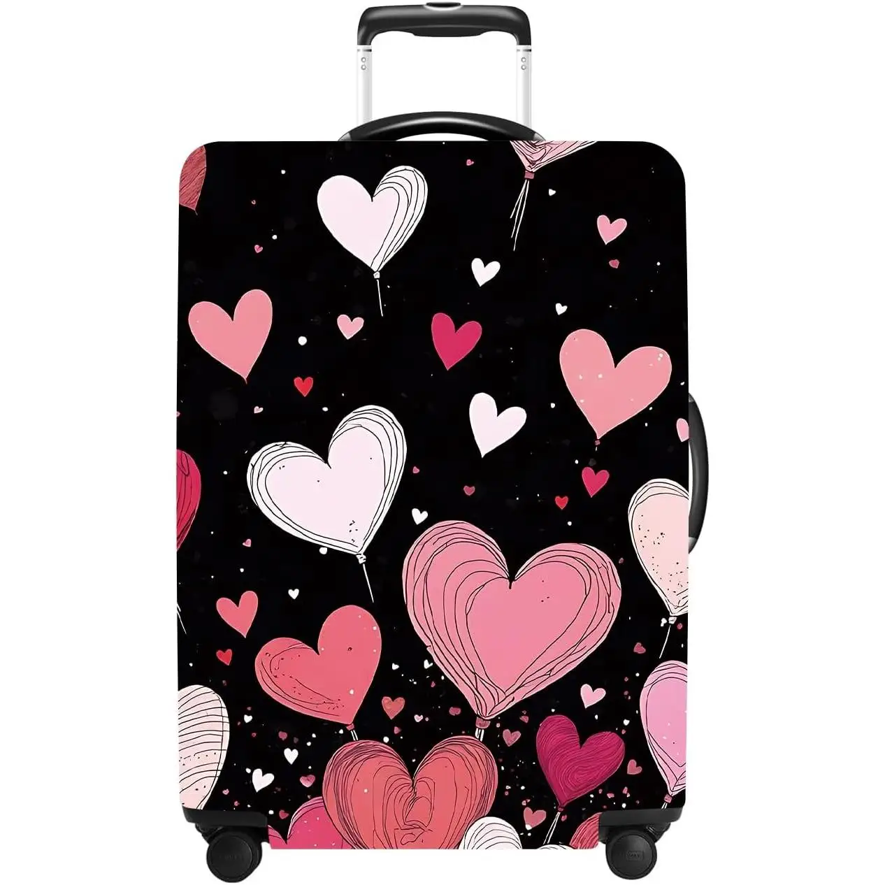 Funda de equipaje con diseño de globo de corazón, color negro y rosa, Protector de maleta lavable, funda de bolsa de viaje duradera y elástica antiarañazos