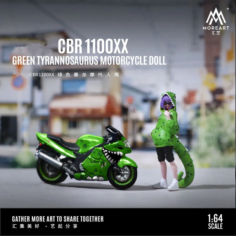 MoreArt 1:64 CBR 1100XX Green Tyrannosaurus Motorcycle Doll Set For Display & Collection & Gift