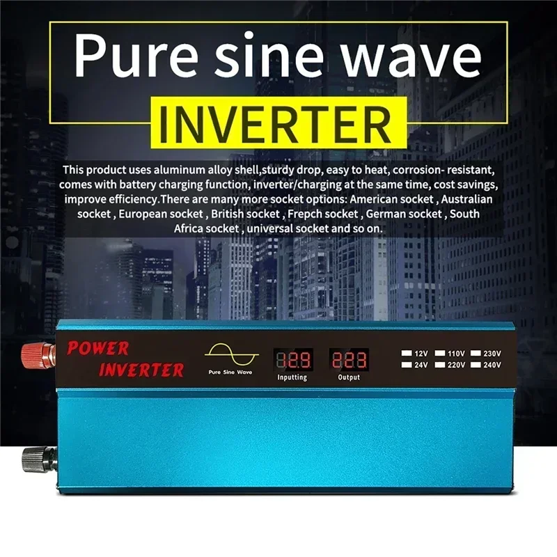 1000W DC 12V To AC 220V Pure Sine Wave Inverter With Dual Digital Display For House Car Universal Socket Transformer Converter