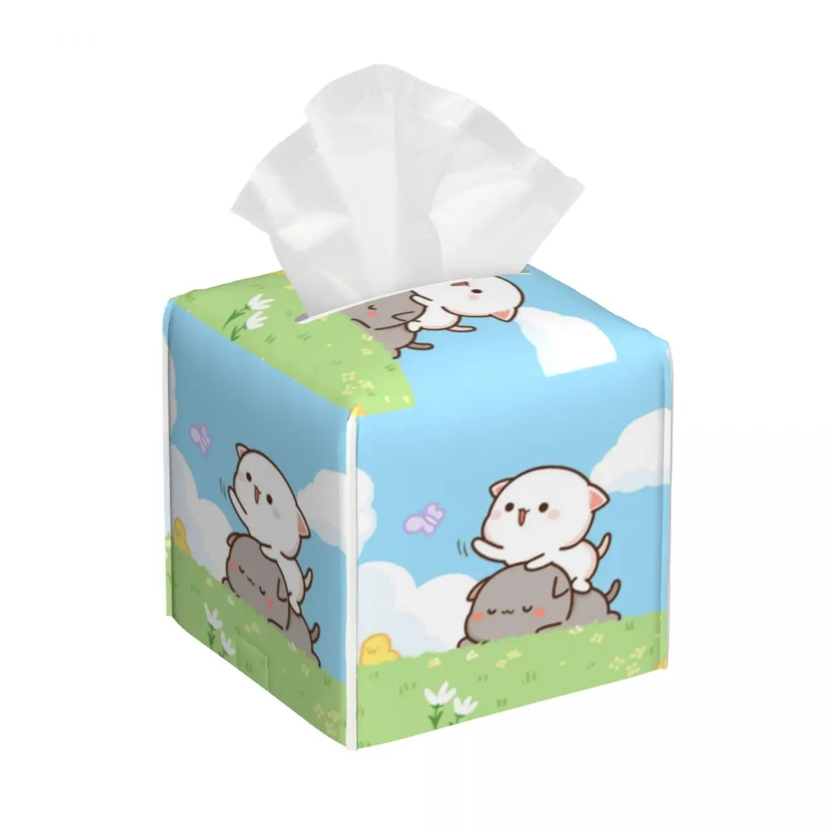 Custom Peach And Goma Facial Tissue Box Cover Square Cartoon Mochi Cat PU Leather Tissue Box Holder for Car Office