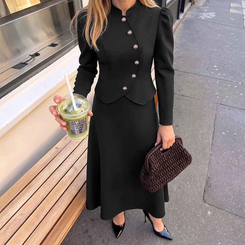 2026 Autumn and Winter New Simple Commuter Style Stand-up Collar Solid Color Split Skirt Set