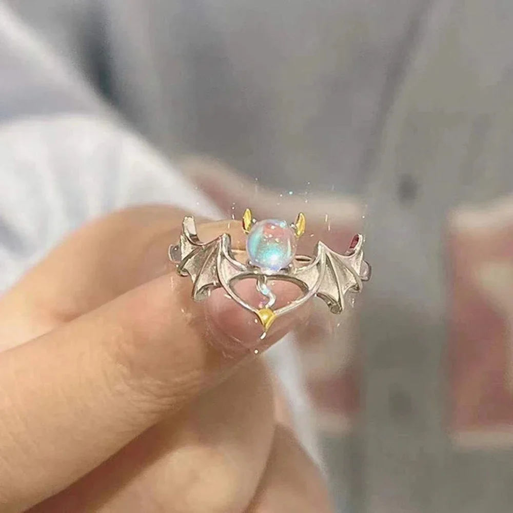 SUMENG 2024 New Fashion Romantic Angel and Demon Wings Couple Rings Goth Moonstone Adjustable Opening Finger for Women Men Gifts