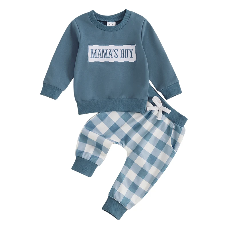 

Baby Boy Fall Outfits Long Sleeve Crew Neck Embroidery Sweatshirt Plaid Pants Set Spring Clothes