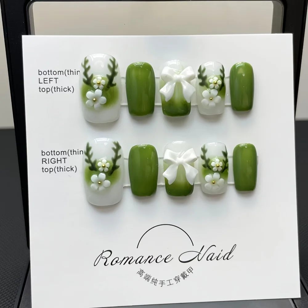 10pcs high-end Deer bump green and white just want to be cute handmade fake nails, Fawn bow Fade Green trace cute style nail art