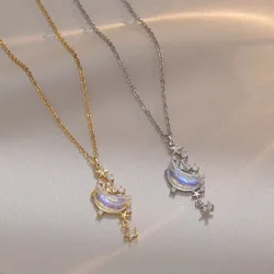 Fashion Sweet Moon Star Zircon Pendant Necklace Stainless Steel Chain Jewelry Gifts for Women Girls Daily Party Accessories