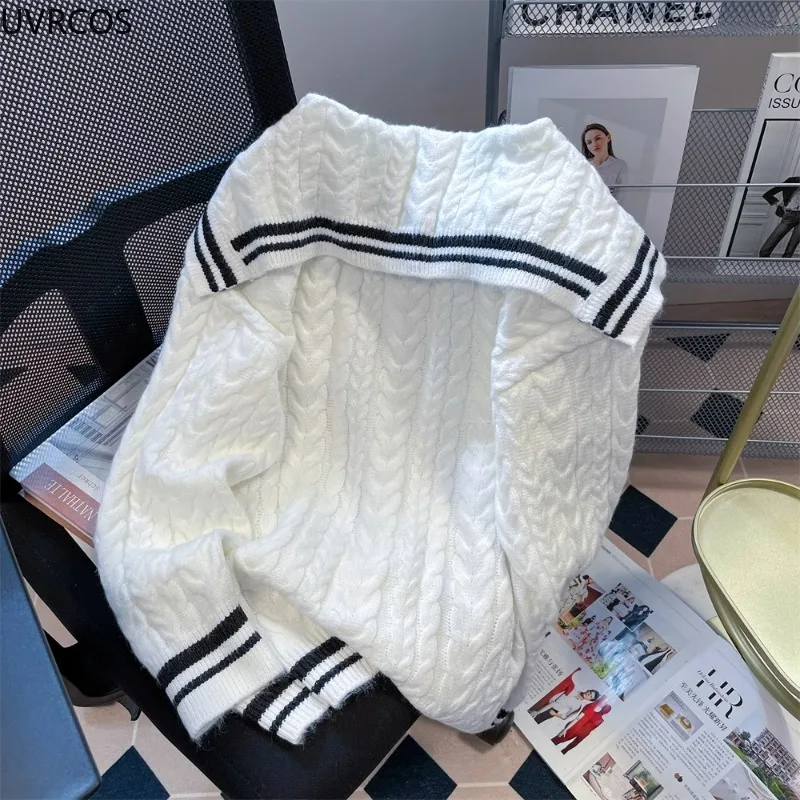 Japanese Bow Sailor Collar Knitted Pullovers Women Cute Long Sleeve Sweater Korean Fashion Preppy Style Knitwear Top Y2k Clothes