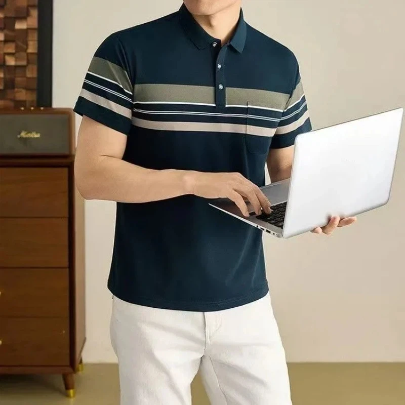 Middle Aged Men Summer Thin Color Block Stripe Turn Down Collar Pocket Short Sleeve Casual Polo Shirts For Travel Daily S-4XL
