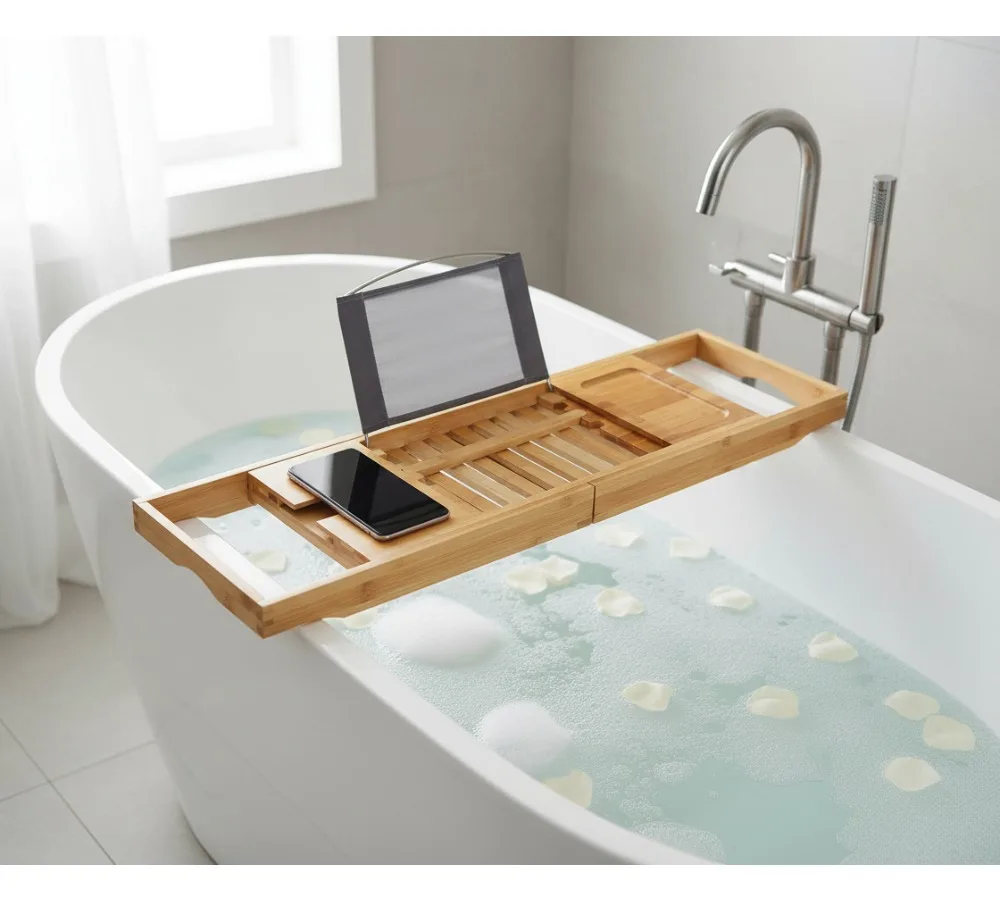 

Extendable Bamboo Bathtub Tray with Phone Holder, Wine Glass Slot & Adjustable Sides for Relaxing Bath Accessories