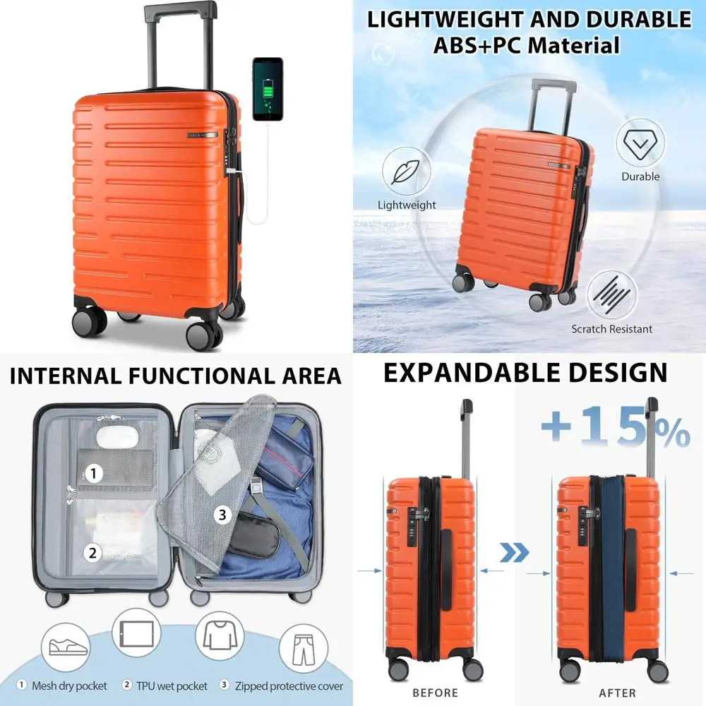 

Ручная кладь с вращающимися колесами: чемодан с твердым корпусом 21x14x9, одобренный авиакомпанией, встроенный замок TSA, прочный