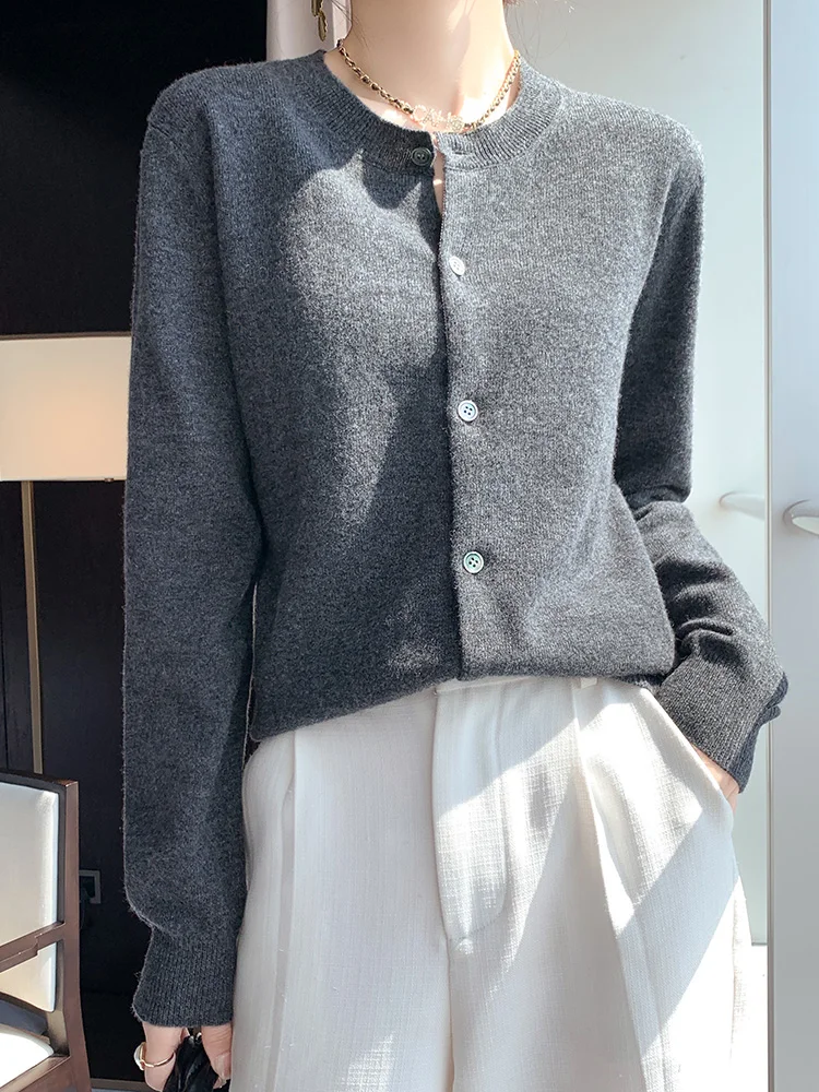 2024 Autumn Winter New Women 100% Pure Wool Cardigans Ladies Buttons Loose Cardigan Solid Color Knitted Sweater Girl Clothes