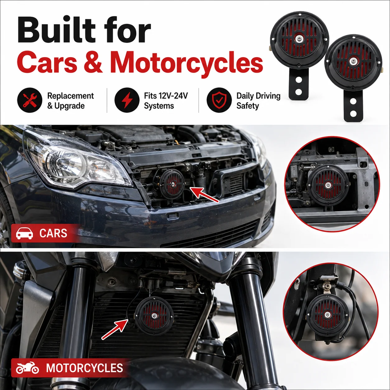 Set of 2 Car and Motorcycle Horns, 12V–24V Universal Electric Vehicle “Snail” Horns, Dual-Tone High- and Low-Pitch Warning Horns