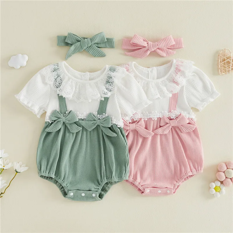 0-18months Baby Girl Summer rompers Bow Lace Trim Fake Two-Piece bodysuit  for toddler girls