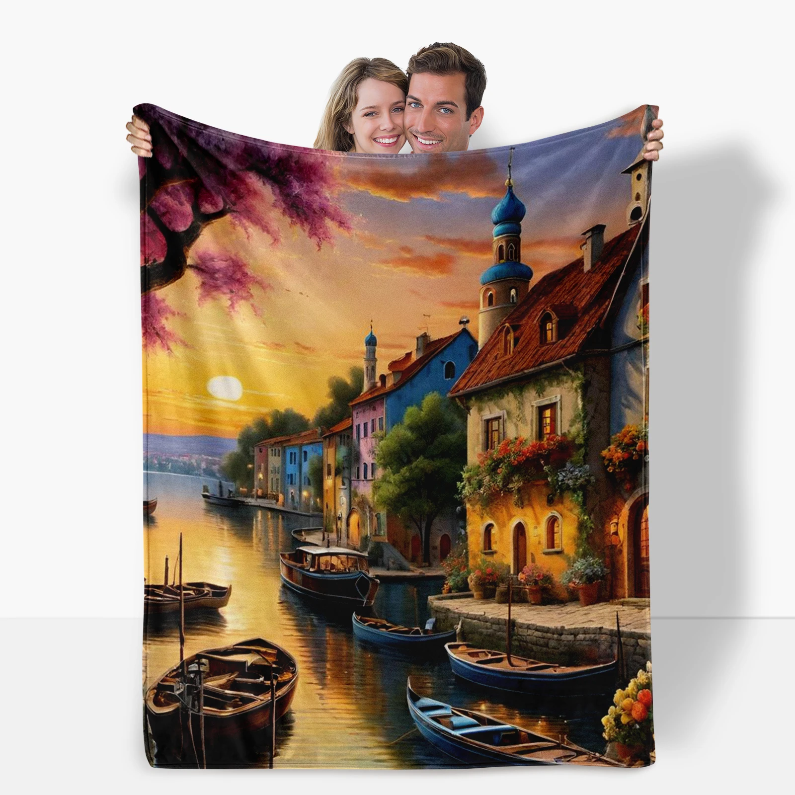 Delicate Design High Quality Cartoon River Cottage Boat Blanket Symbolizing Care And Blessings