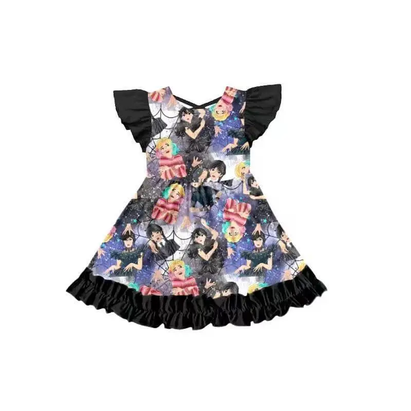 

Hot Sale Kids Wednesday Little Fly Sleeve Crossover Dress Party Ruffle Dress