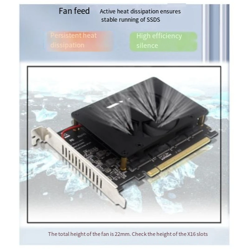 PCIEX16 NVME M2 MKEY SSD RAID Array Expansion Adapter Card Motherboard PCIE Split Card With Cooling Fan Durable