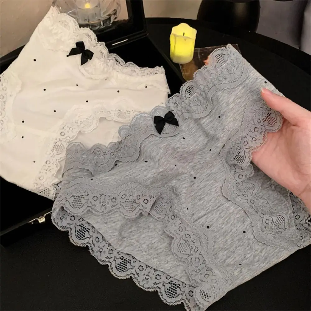 

3Pcs Simple Dot Lace Bowknot Panties Mid Waist Cotton Crotch Seamless Briefs Sweet Underpants Underwear for Women Lady