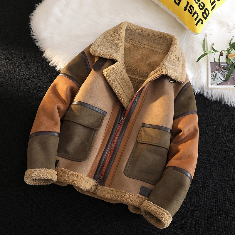 

Мужская зимняя куртка из овечьего вельвета с интегрированной кожаной и меховой отделкой из оленьей замши, утепленная хлопком, молодежная повседневная модель