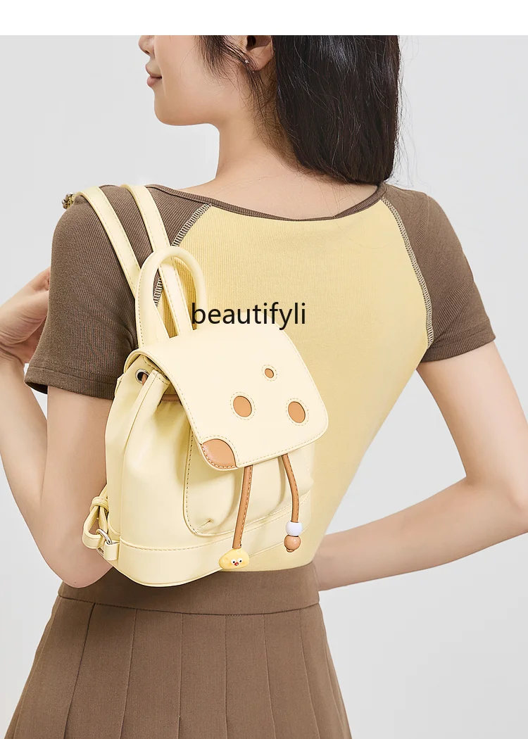 Double shoulder spring sweetheart girl cute cheese accessories drawstring backpack commuter women's bag