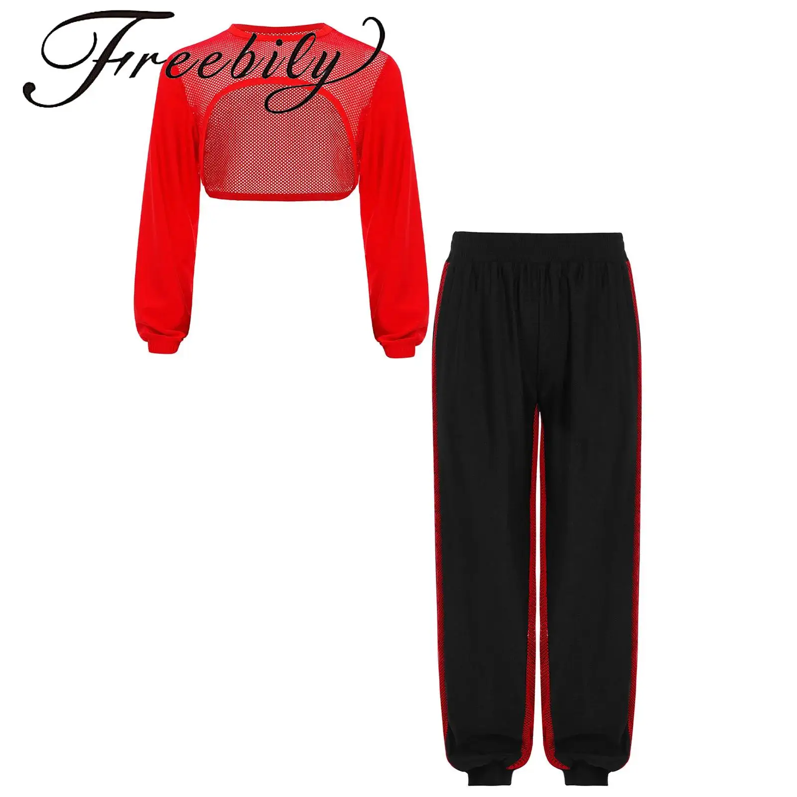 

Kids Girls Dance Outfit Hollow Out Mesh Patchwork Asymmetrical Hem Crop Top with Elastic Waistband Contrast Color Pants Hip-Hop