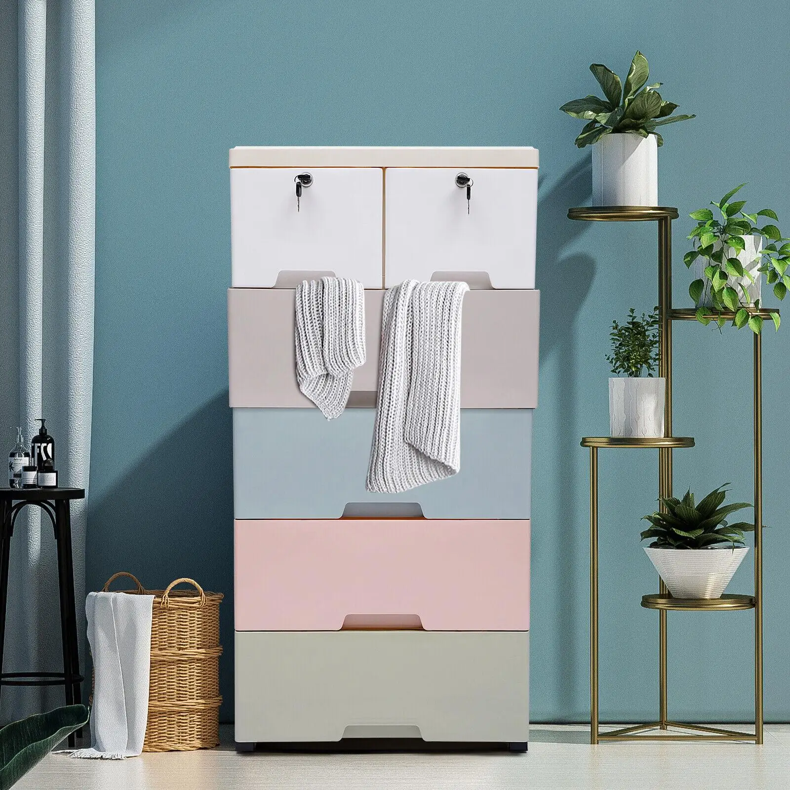 6 Drawers Movable Plastic Storage Cabinet Organizer Bedroom Vertical Dresser Closet Rectangular Stackable Store Clothes Chest