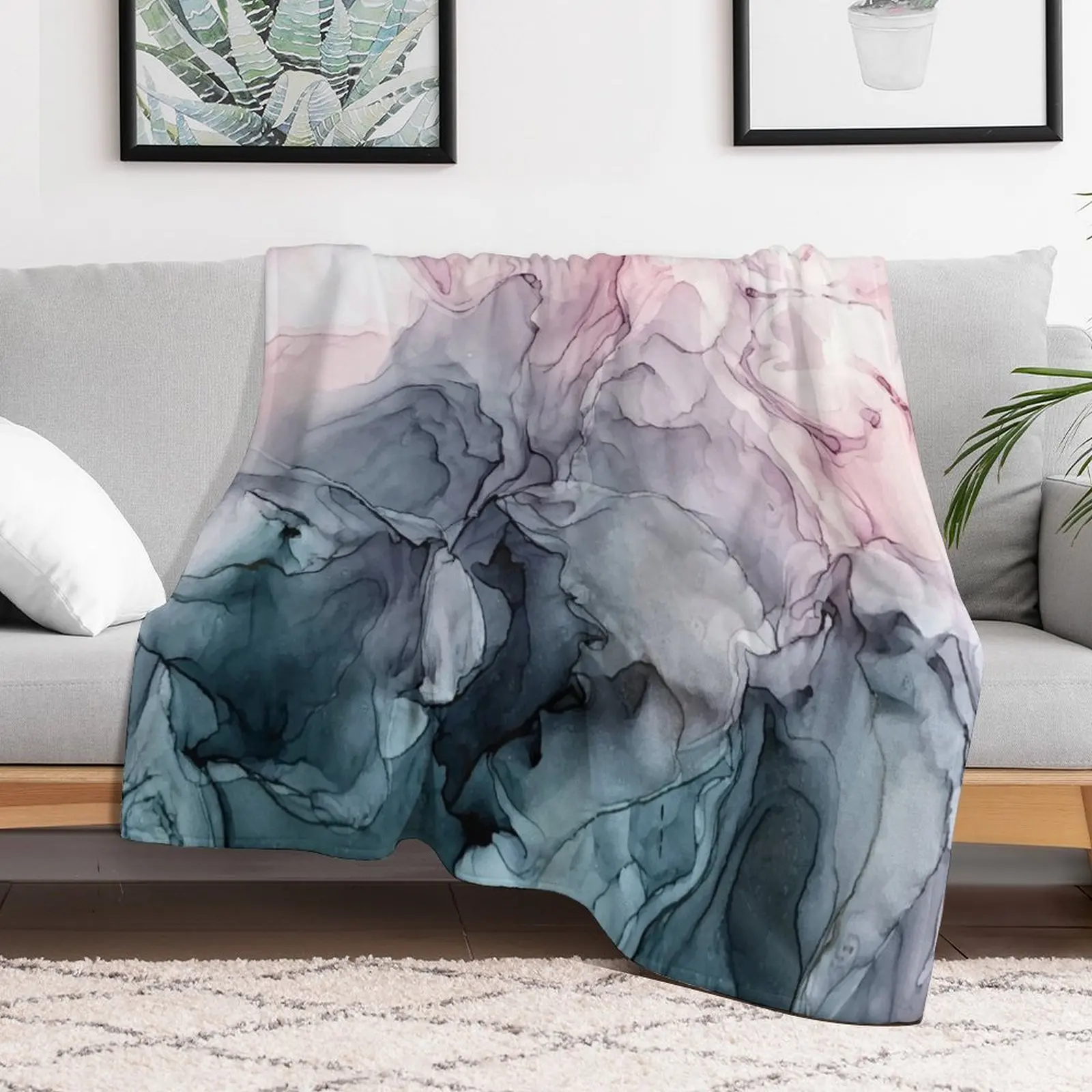 

Blush and Payne's Grey Flowing Abstract Painting Throw Blanket Blankets For Sofas warm winter Blankets