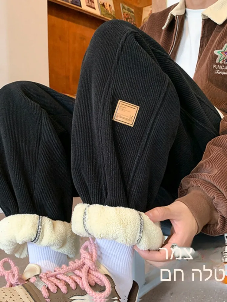 Men's Winter Thickened Fleece Lined Lamb Fur Pants Black Corduroy Sweatpants Youth Casual Trousers Warm Outerwear Cotton Pants